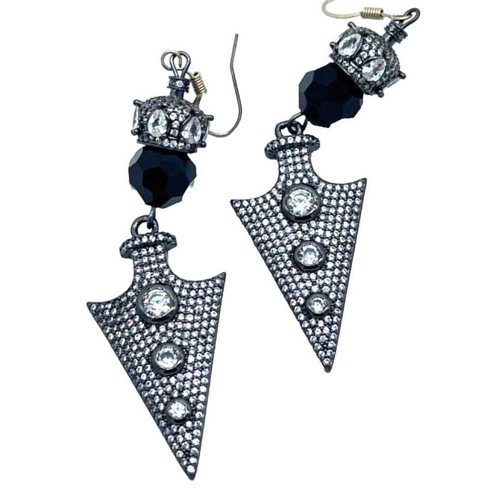Arrowhead Dangly‎ Earrings; Silver/Black with Rhinestones